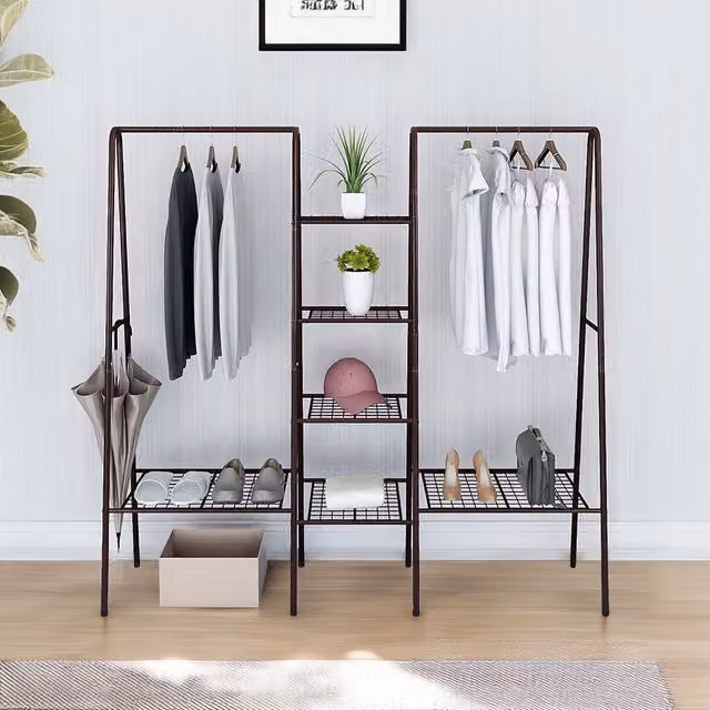 Livingandhome 4-Tier Metal Clothes Rail with Grid Shelves in Brown