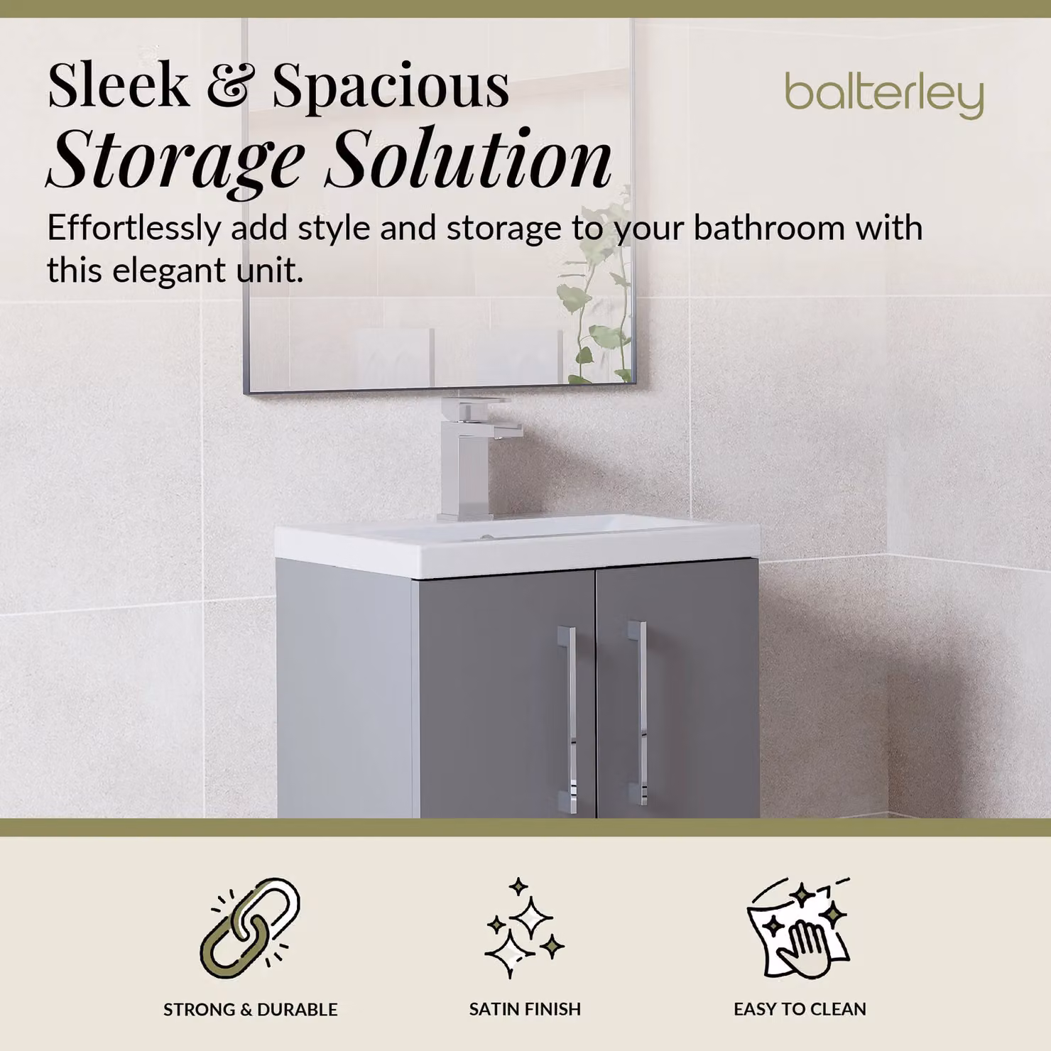 Balterley Modern Freestanding Bathroom Vanity Unit with Soft Close Doors, Satin Grey, W: 50 cm, H: 84 cm – 2