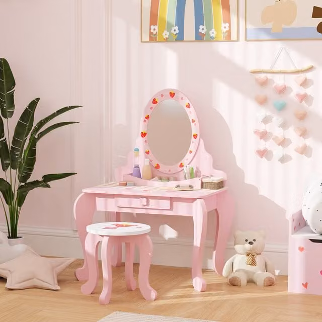 AIYAPLAY Strawberry Theme Kids Dressing Table Set in Pink