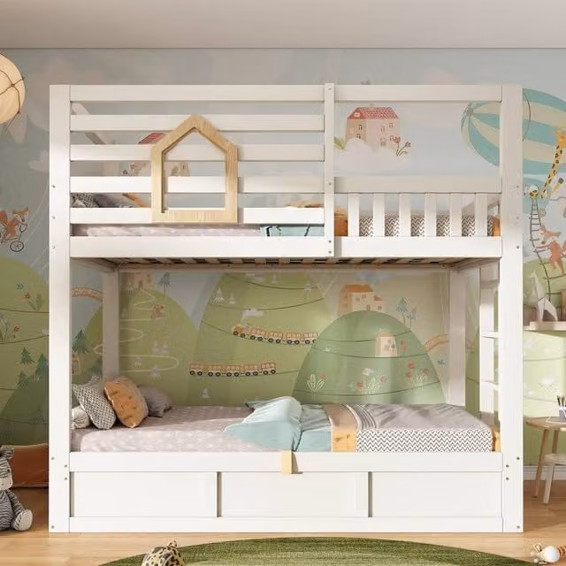 Merax White Kids Bunk Bed with Hydraulic Storage and House Frame, Single Size, W/D/H: 90 x 190 x 184 cm