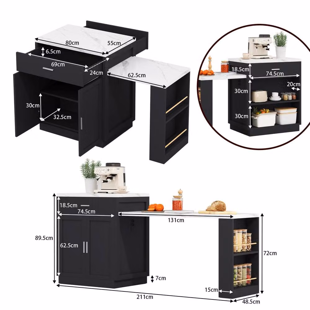 Merax Kitchen Island Cabinet with Extendable Dining Table and Charging Station in Black – 6