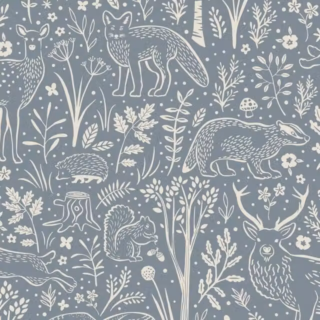 Grandeco Native Floral and Nature Patterned Wallpaper in Blue and Green for Children's Rooms