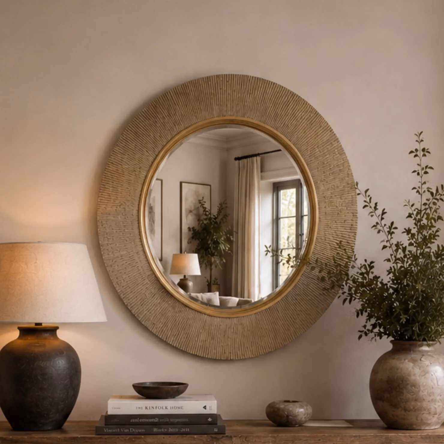 Yearn Mirrors Large Round Gold Ribbed Bevelled Hanging Mirror – 3