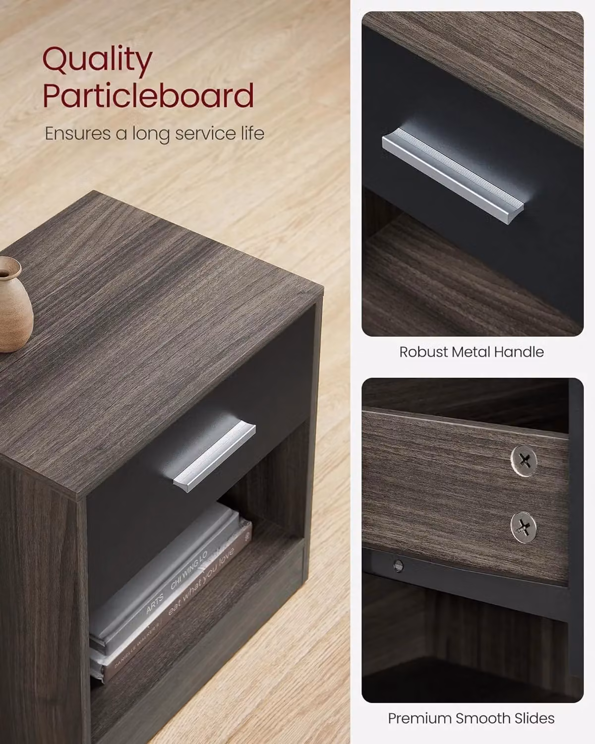 VASAGLE Bedside Table with Drawer and Open Compartment in Dark Brown – 4