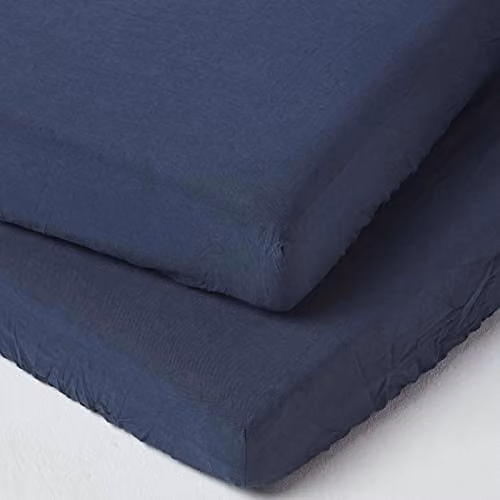 HOMESCAPES Pack of 2 Navy Blue Soft Linen and Cotton Fitted Cot Sheets, W/D/H: 120 x 60 cm – 1