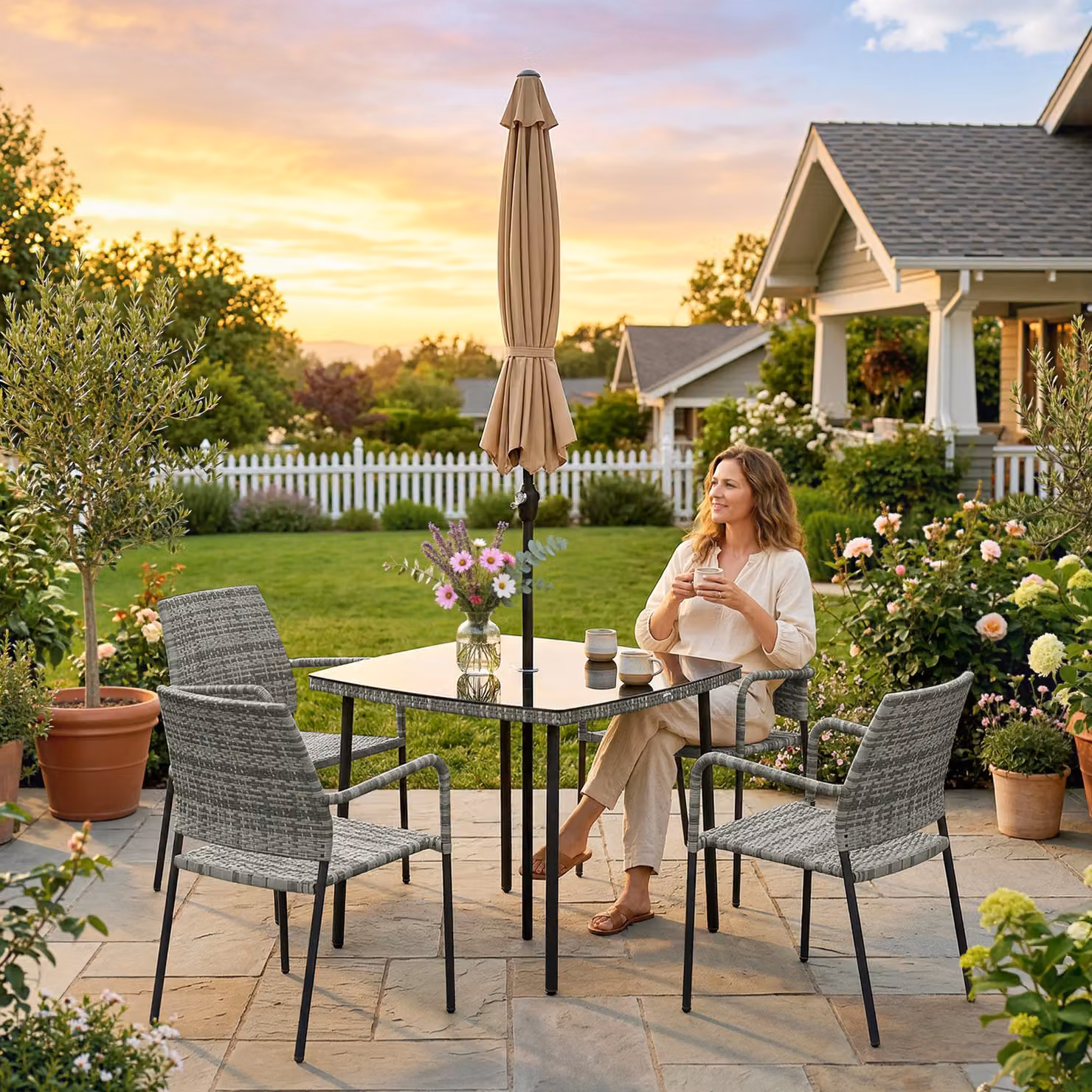 Outsunny 6 Piece Grey Polyrattan 4 Seater Garden Dining Set with Parasol and Tempered Glass Tabletop – 5