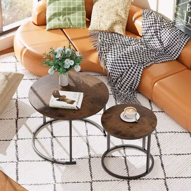 Huhote Set of 2 Round Nesting Side Tables with Brown Metal Frame – 1