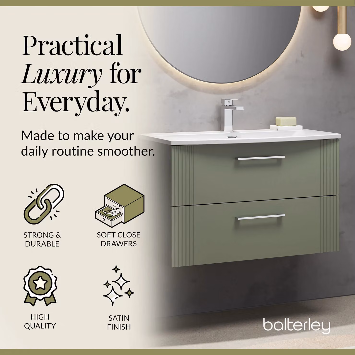 Balterley Wall Hung 2 Drawer Vanity Unit with Curved Basin, Satin Green, Width: 80 cm – 2
