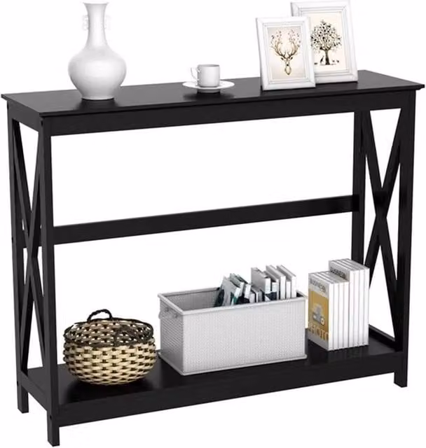 Kelvenix Black 2-Tier Slim Console Table with X-Frame Design, W: 36 cm, D: 1 cm, H: 81 cm