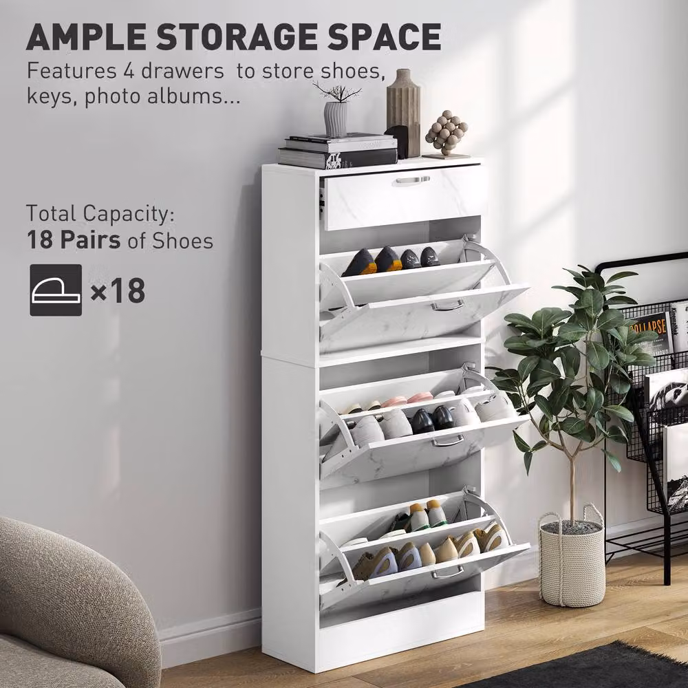 STILVORA Modern White Shoe Storage Cabinet with 3 Tilting Compartments and Top Drawer – 3