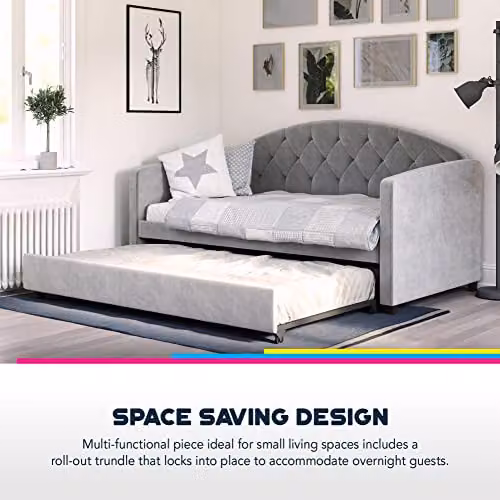 DHP Furniture Aspen Daybed with Trundle, Grey Velvet Upholstered – 7