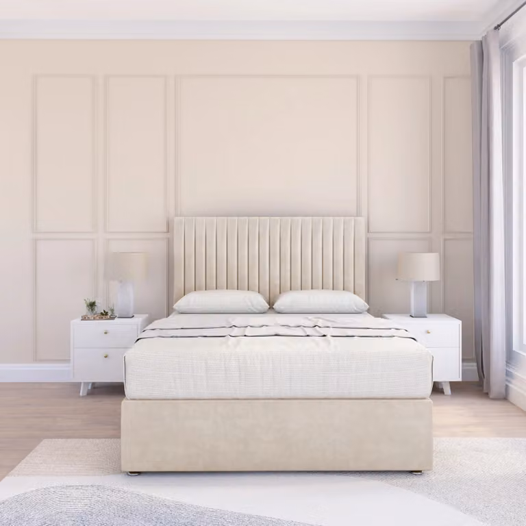 Sloomy Manhattan Small Single Divan Bed Base and 26 inch Struts Headboard in Cream Fabric