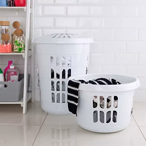 Wham Casa 2 Piece Plastic Laundry Basket and Hamper Set with Handles and Lid, White