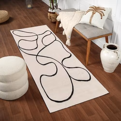 Livabliss Modern Abstract Runner Rug in White, Black and Beige, W/D/H: 80 x 220 cm