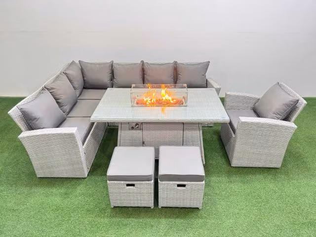 Fimous 9 Seat Rattan Garden Furniture Set with L-Shape Corner Sofa, Gas Fire Pit Table and 2 Ottomans in Light Grey