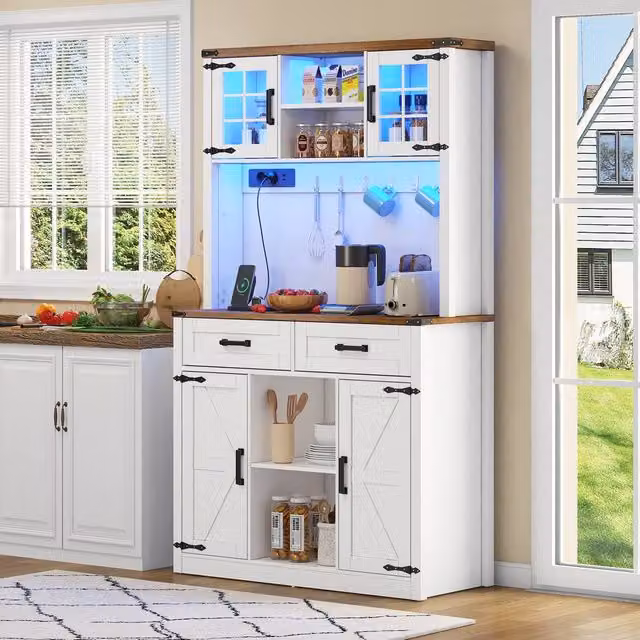 BTM Modern White Kitchen Pantry Cabinet and Bar Sideboard with LED Drawers and Shelves