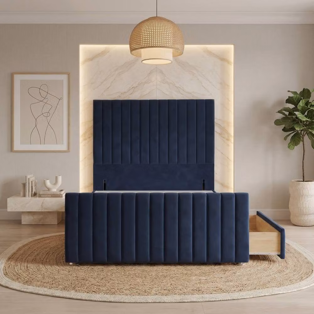 Somnior Eleanor Velvet Divan Base with 2 Drawers, 54 inch Headboard and 22 inch Footboard, Blue, W/D/H: 180 x 200 cm, King Size – 2