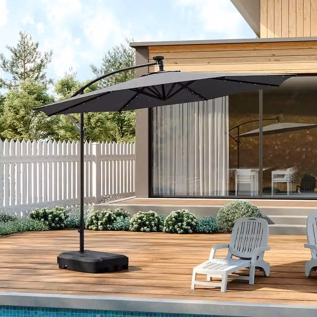 Livingandhome Cantilever Garden Sunshade Parasol with Lights and Base, Dark Grey