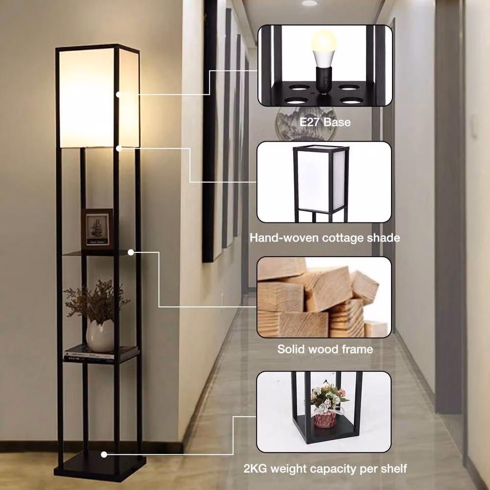 FLAVORA LED Wooden Floor Lamp with 3-tier Open Storage Display in Black – 4