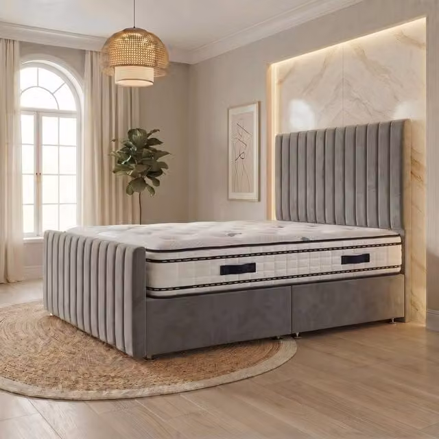 Somnior Eleanor Silver Velvet Divan Bed with Hybrid Mattress and Headboard, W/D/H: 140 x 200 x 25 cm