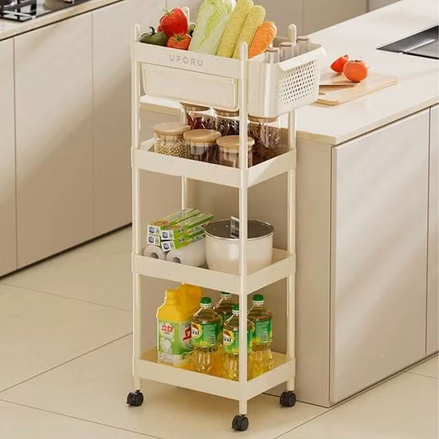 EONLION 4 Tier Storage Trolley Cart with Baskets on Wheels in Beige