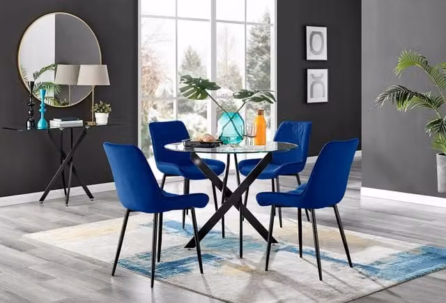 FurnitureboxUK Novara Round Glass Dining Table and 4 Pesaro Soft Velvet Chairs in Navy and Black – 1