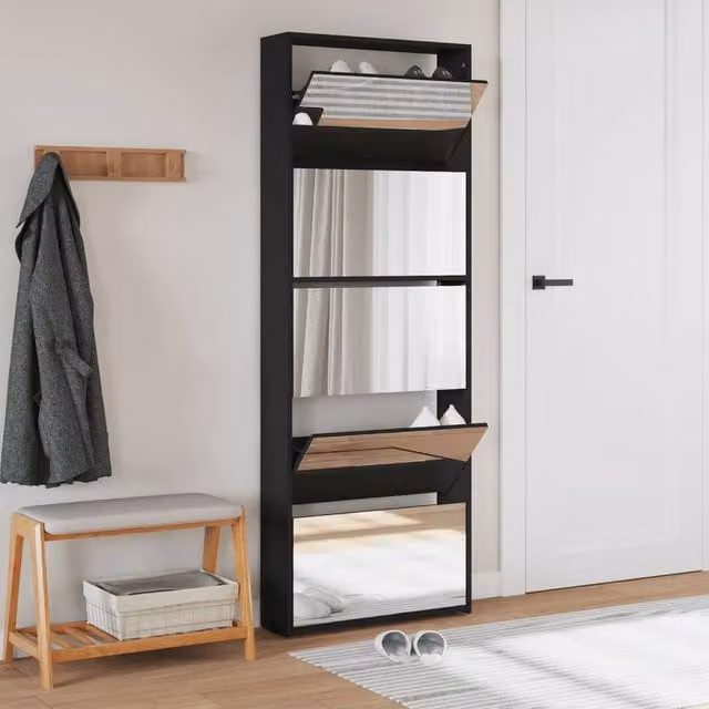 Berkfield Home Modern Black 5-Layer Shoe Cabinet with Mirror, W: 63 cm, D: 17 cm, H: 169.5 cm