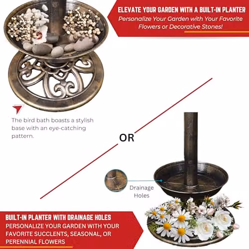 Samuel ALEXANDER Bronze Solar Light Up Resin Garden Bird Table and Bird Bath with Planter, Height: 110 cm – 4