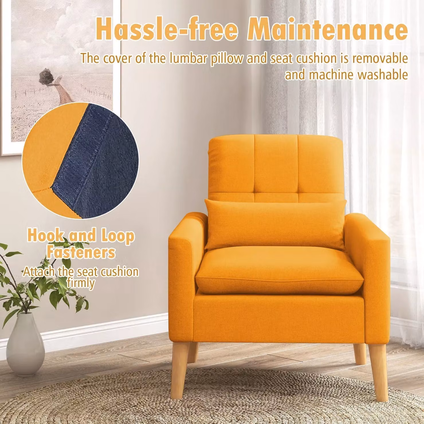 Costway Mid-century Modern Accent Chair in Yellow Linen Fabric with Pillow – 2