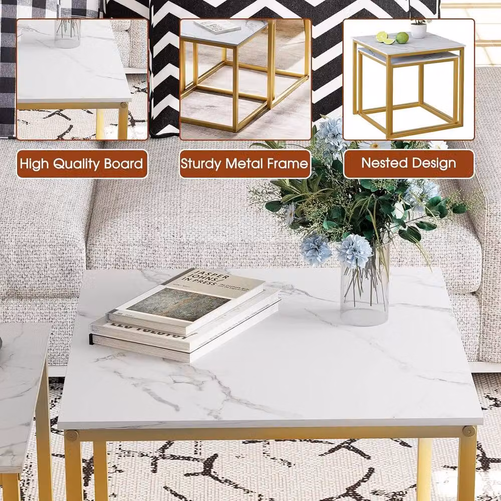 Huhote Set of 2 Modern Nesting Side Tables with Gold Metal Frame and Marble Finish Top – 4