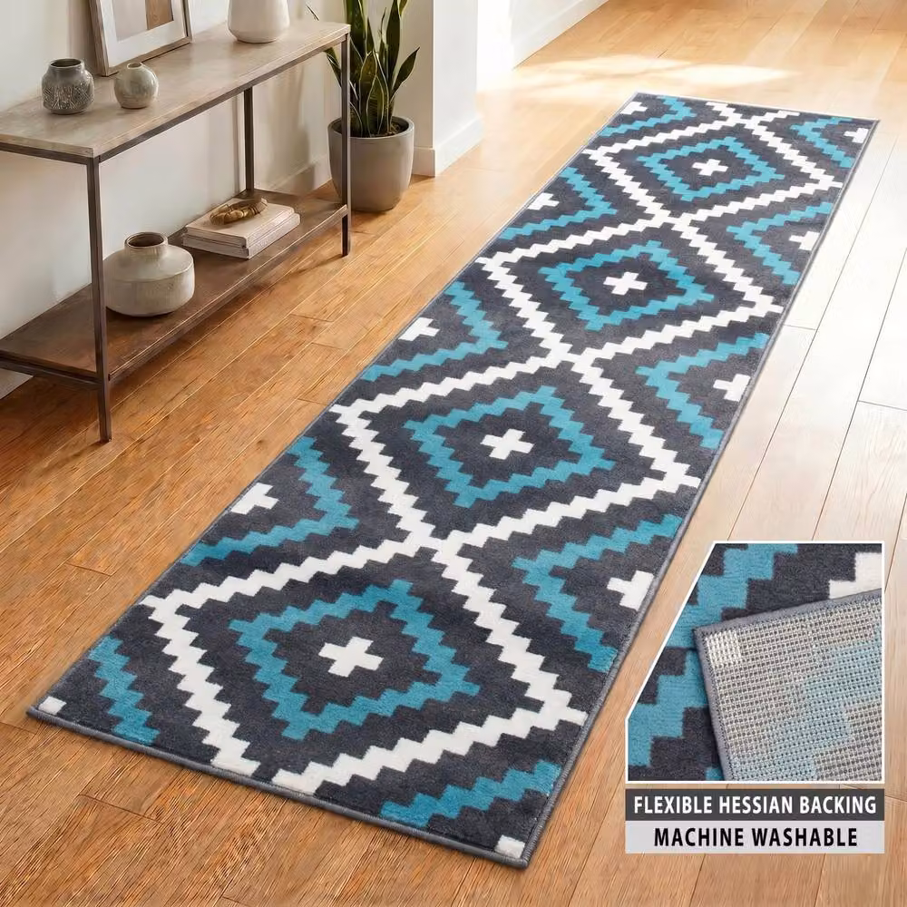 Bravich LTD Modern Geometric Tile Hallway Runner Rug, Non-Slip Low Pile Polypropylene in Teal, W: 60 cm, L: 150 cm – 4