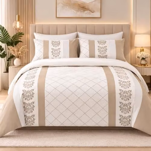 Lazzaro 3-Piece Double Duvet Set, Reversible Microfibre Bedding in Beige and White, W/D/H: 200 x 200 cm with 2 x 50 x 75 cm Pillowcases