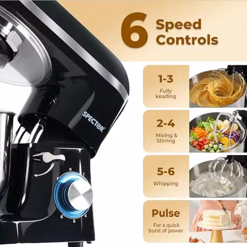 Spector Stand Mixer with 6.2L Stainless Steel Bowl, 1400W Motor and 6 Speeds with Pulse Function in Black – 8