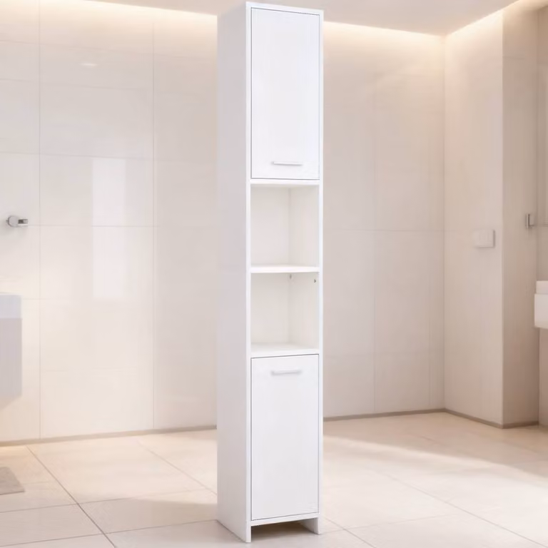 ERGOVEXA White Slim Tallboy Bathroom Floor Storage Cabinet with Hinged Doors and Internal Shelves, H: 190 cm, W: 30 cm, D: 30 cm