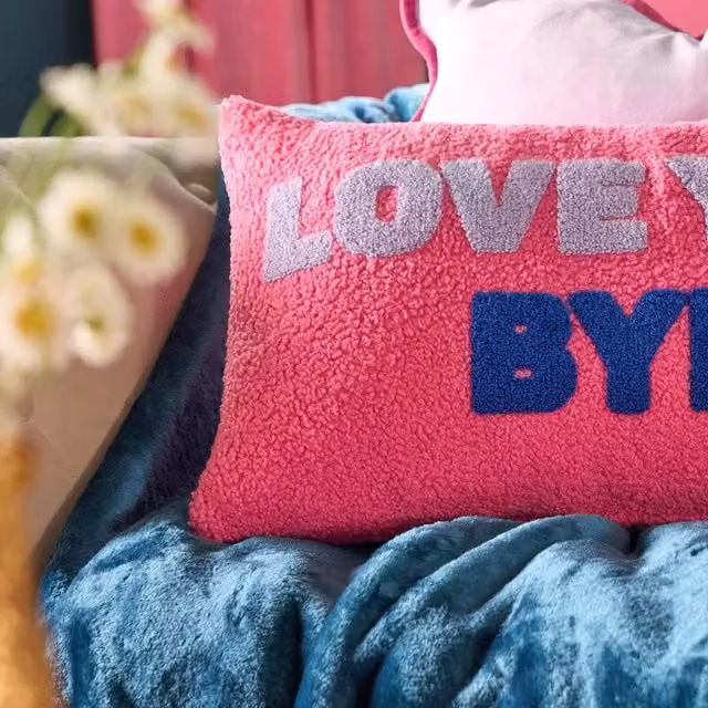 OHS Love You Bye Slogan Graphic Cushion in Pink and Blue – 1
