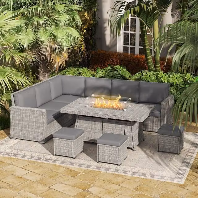 OUTSUNNY 7 Piece Grey Polyrattan Garden Furniture Set with 50,000 BTU Fire Pit Table and Upholstered Cushions – 1