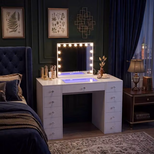 FENCHILIN 11-Drawer White Dressing Table with 15 LED Hollywood Mirror and RGB Lighting – 1