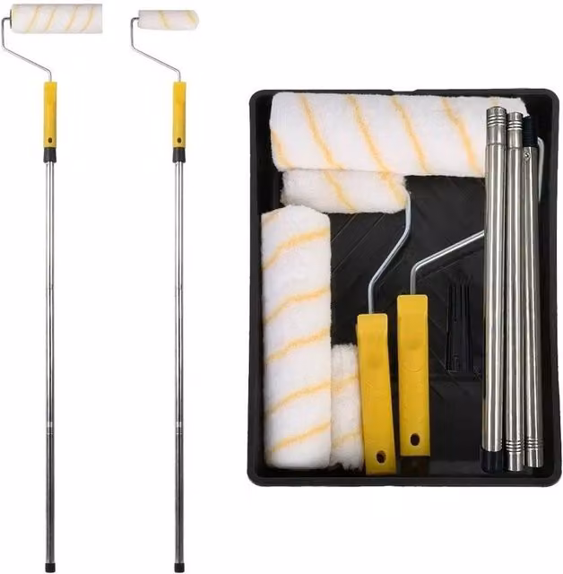 VOGREX Yellow Painting Set with Roller, Telescopic Pole, Tray, Brush and Sleeves for Water-Based Paint – 1