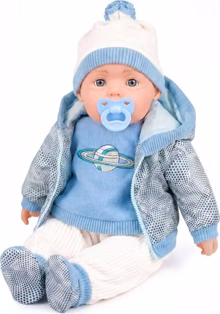 BiBi Doll Baby Boy with Sounds and Dummy in Blue and White Space Outfit