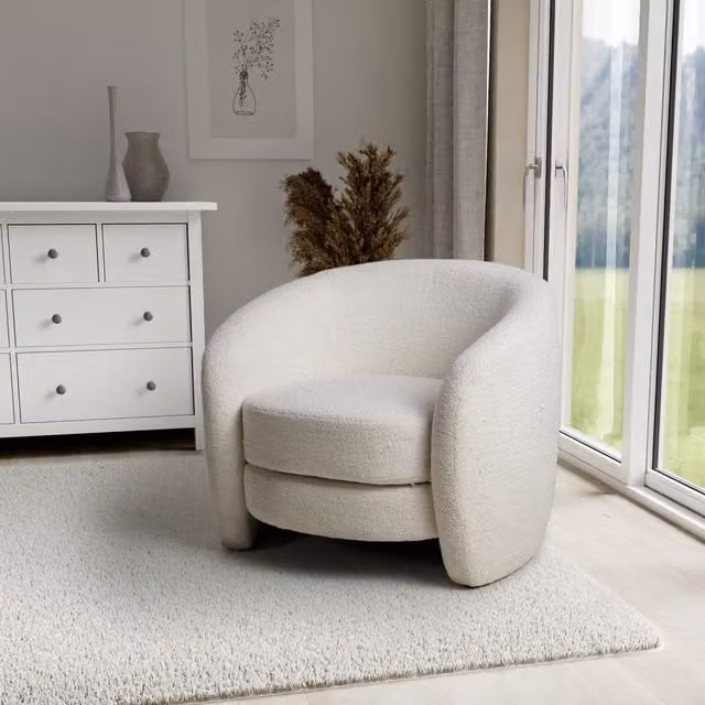 Shankar White Bouclé Tub Lounge Chair with Armrests