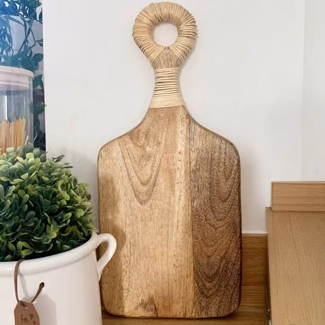 Boho Living Rectangular Natural Wood Chopping Board with Handle in Brown