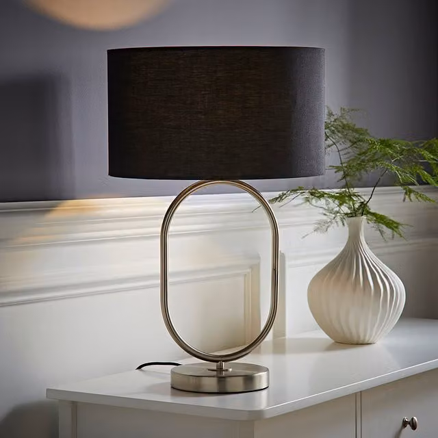 Antonia Brushed Chrome Oval Table Lamp with Black Fabric Drum Shade