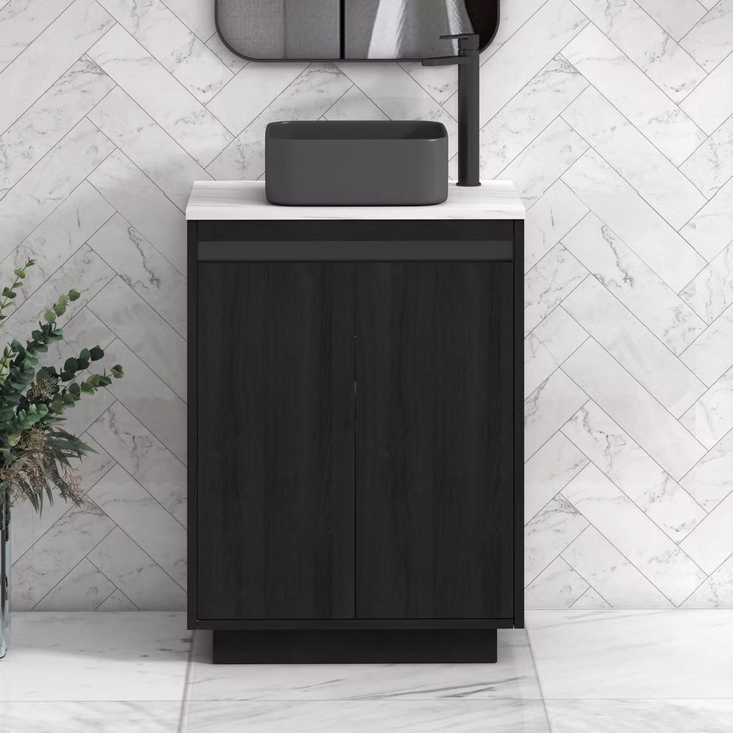 Royal Bathrooms Orion 600mm Hale Black Floor Standing Vanity Unit with Carrara White Art Square Basin and Black Accent Trim