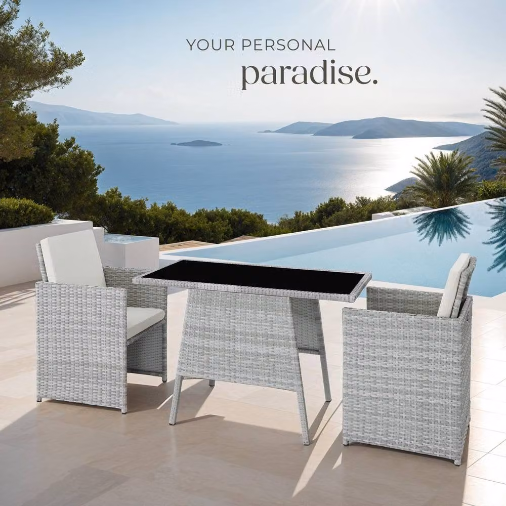 tectake Modern Polyrattan Bistro Set in Grey with Glass Top and Removable Cushions – 7