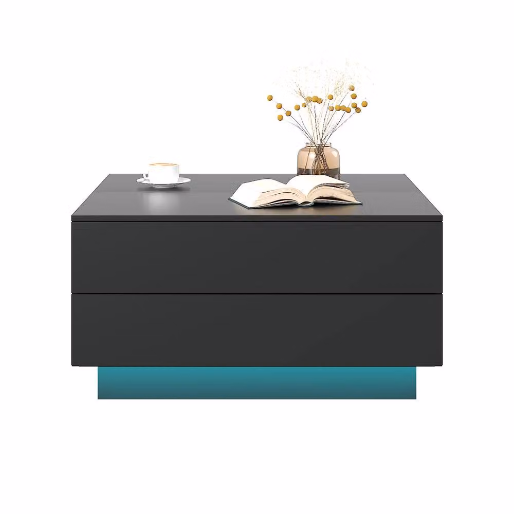 KEEPREAPER Modern Square LED Coffee Table with Flip-Top and 2 Drawers in Black – 2