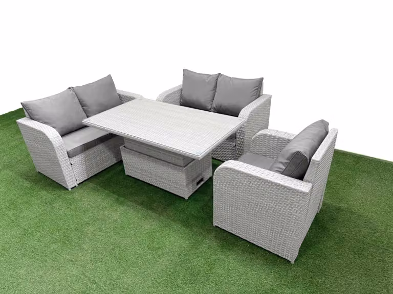 Fimous Grey Poly Rattan Garden Furniture Set with Reclining Armchair, 2-Seater Sofa, and Coffee Table