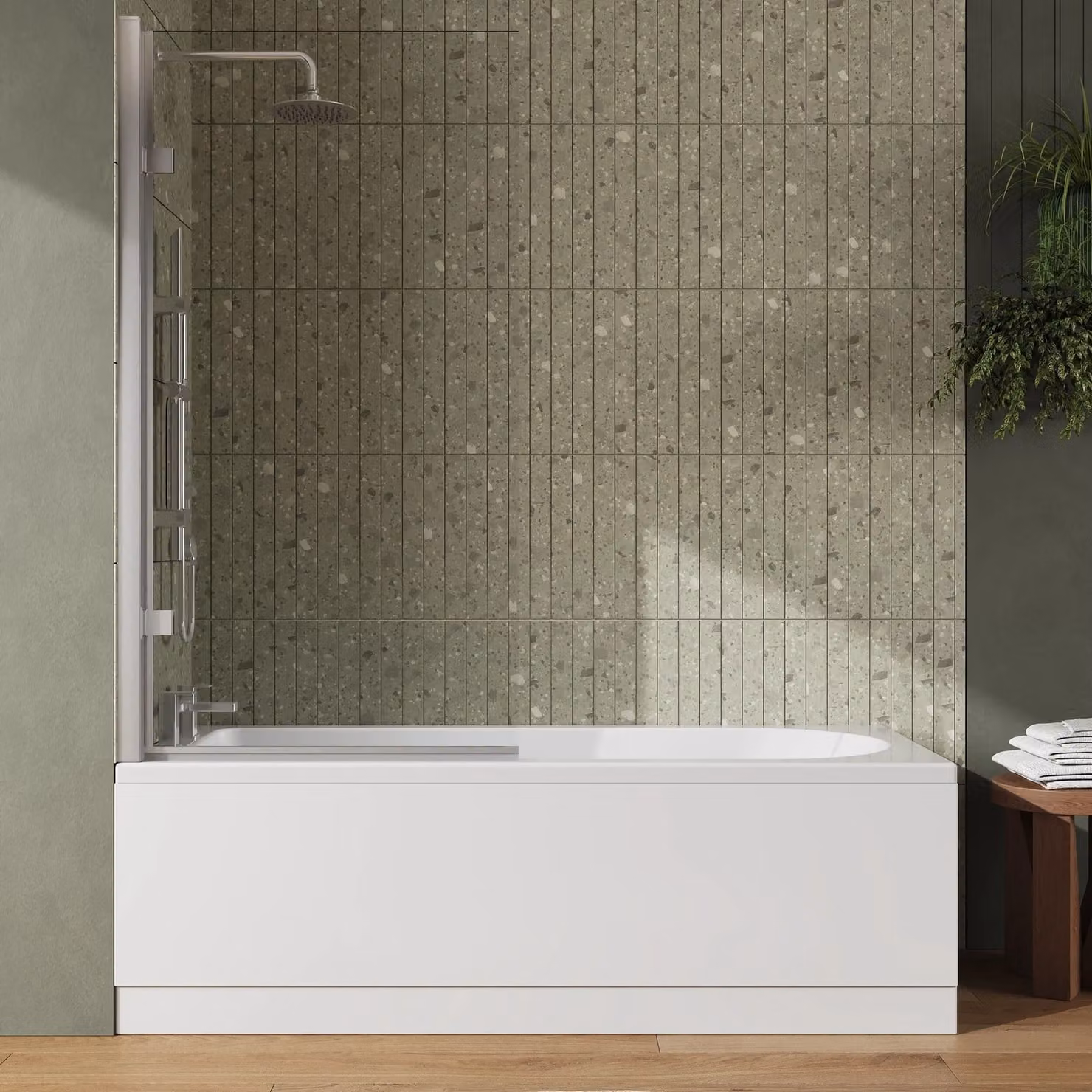 Balterley Round Bath with Panel and Square Hinged Screen and Fixings, White, W/D/H: 170 x 70 x 40 cm