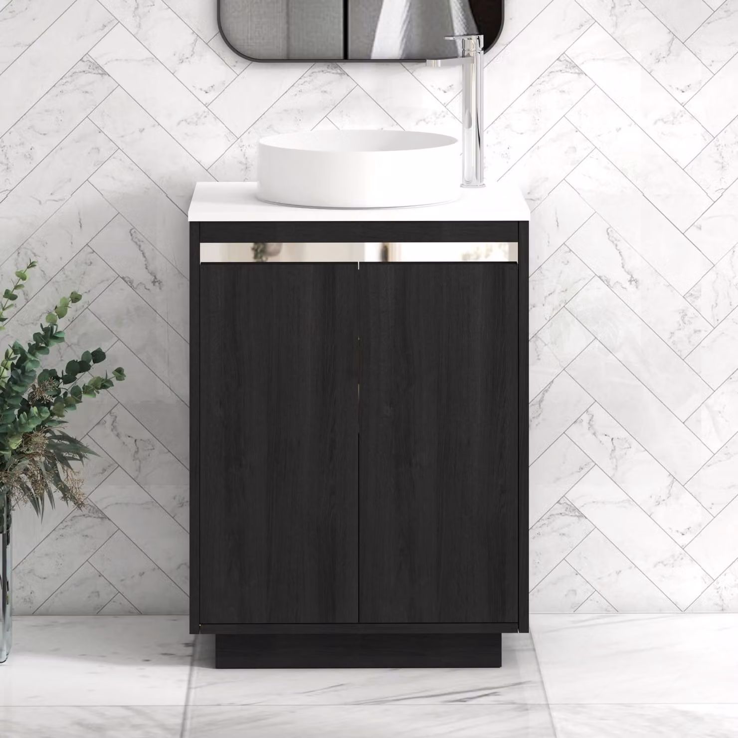 Royal Bathrooms Orion 600mm Hale Black and White Floor Standing 2 Door Vanity Unit with Art Basin and Chrome Accent Trim