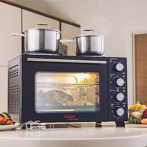 Cooks Professional 28L Mini Portable Oven with Two Cast Iron Hobs, Grill and Convection Functions, Black and Silver – 2