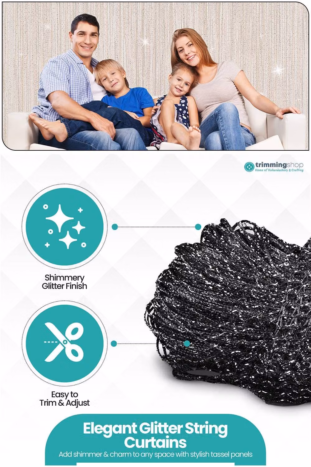 Neel Blue Glitter String Curtain Black Polyester Fringe Spaghetti Tassel Panel, W: 90 cm, H: 200 cm – 2
